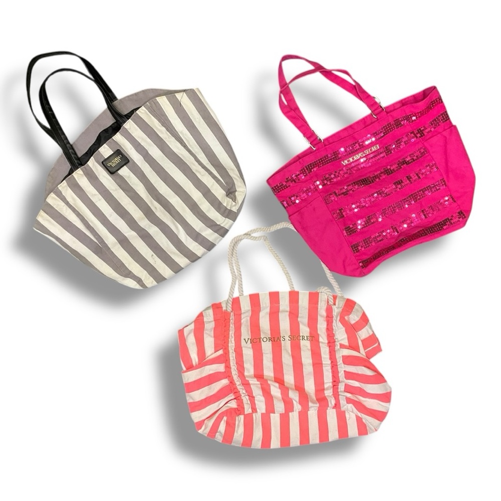 💋 Victoria’s Secret Tote Bag Bundle | 3-Piece Striped & Sequin Travel Beach Set